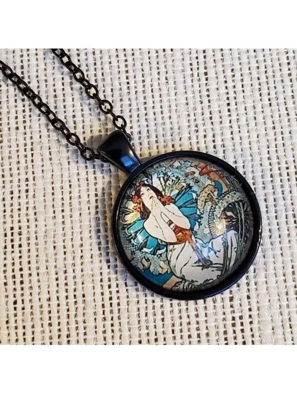 Handcrafted Alfonse Mucho Woman Painting Art Necklace Black